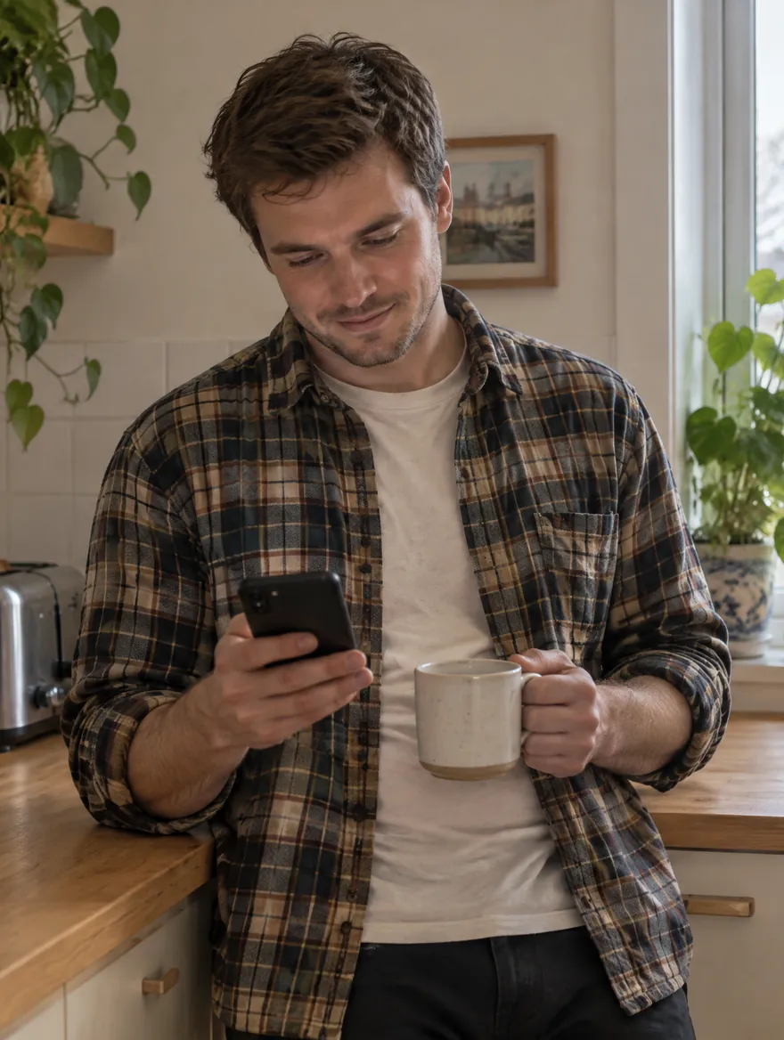 Un jeune homme regarde son téléphone, appuyé au comptoir de sa cuisine, un café à la main.