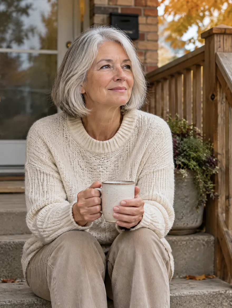 Une femme aux cheveux argentés, une tasse à la main, assise sur les marches de sa maison en brique à l’automne.