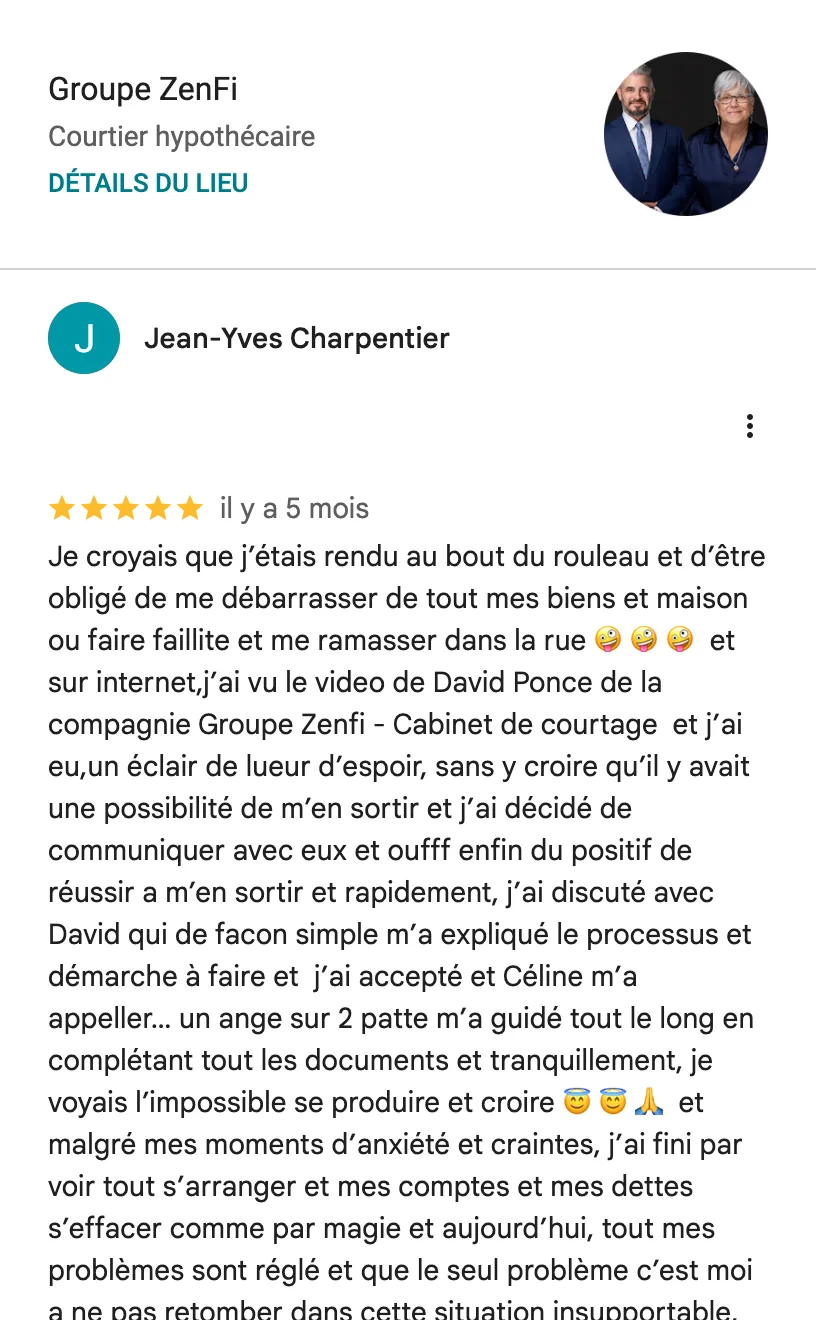 Avis Google de Jean-Yves Charpentier sur le Groupe ZenFi